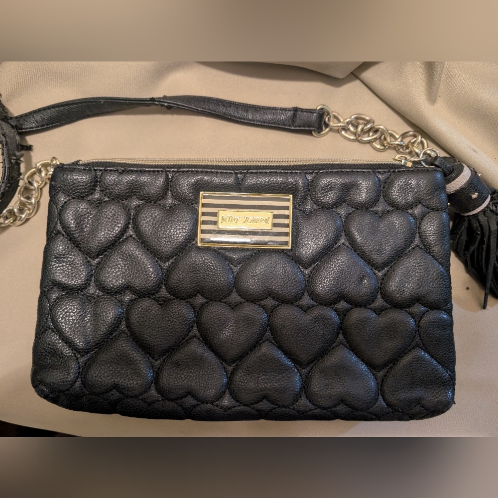 Betsey Johnson Black And Grey Heart-Embossed Crossbody Bag